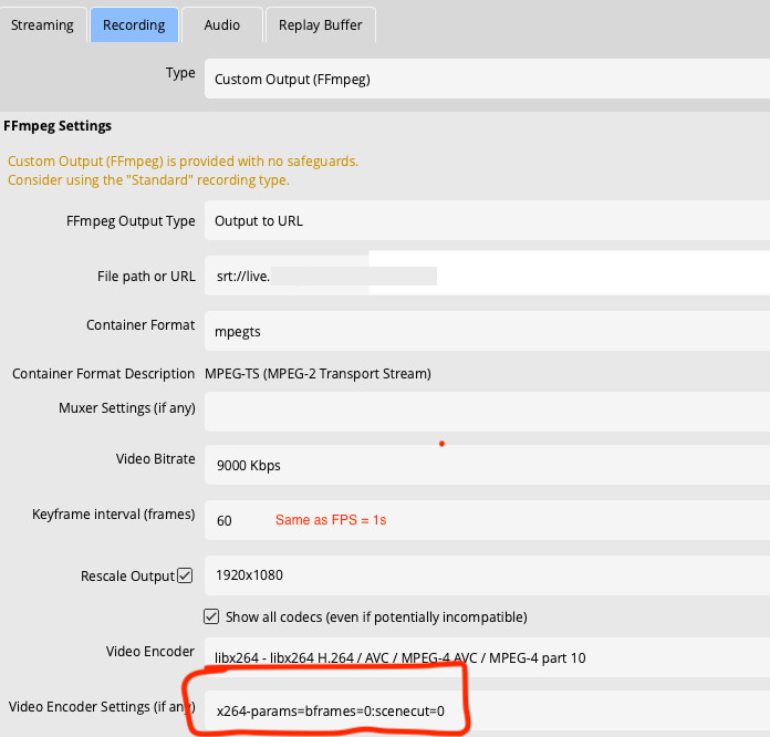 SRT settings in OBS.